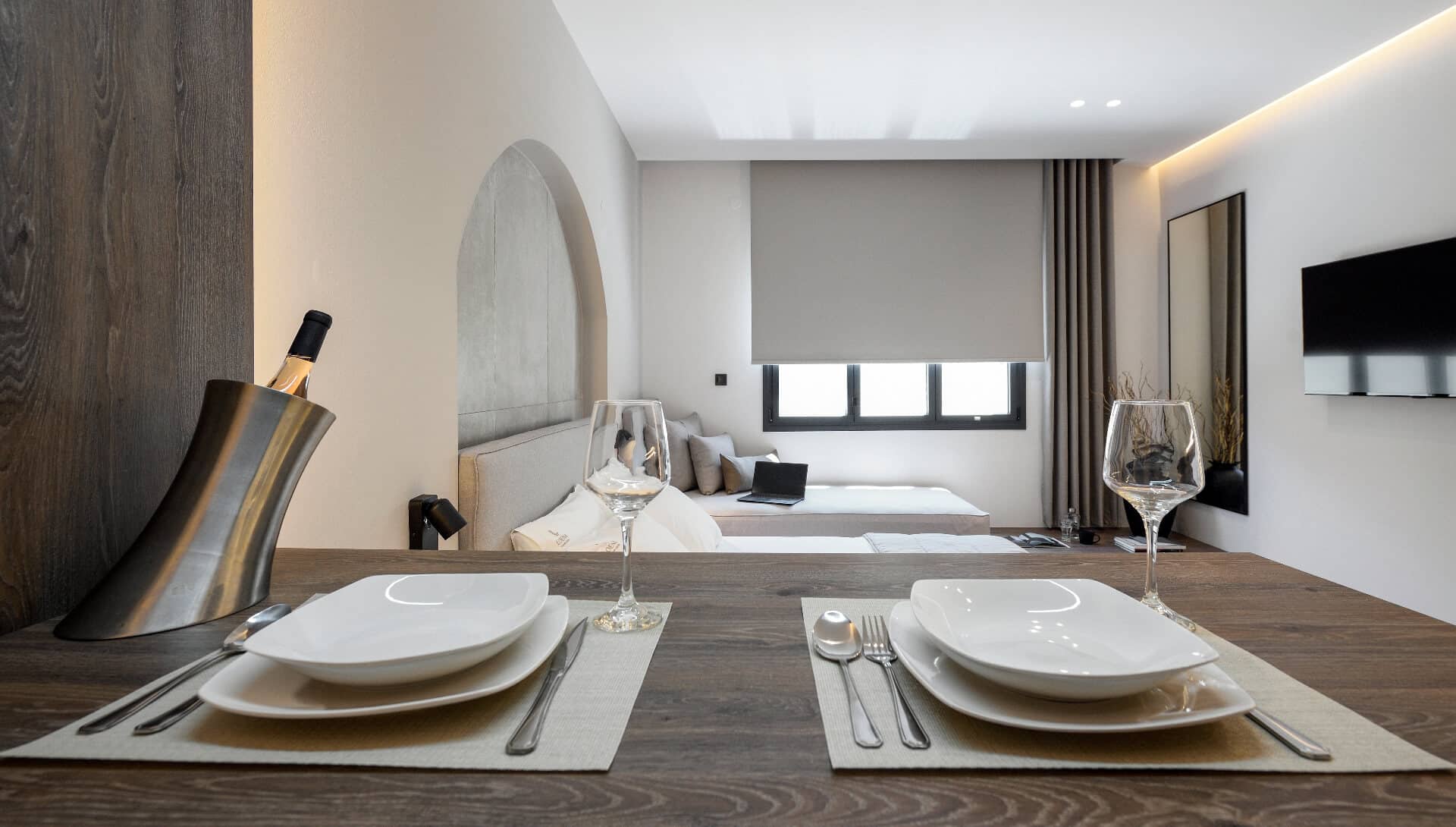 The suite's dining bar set for two