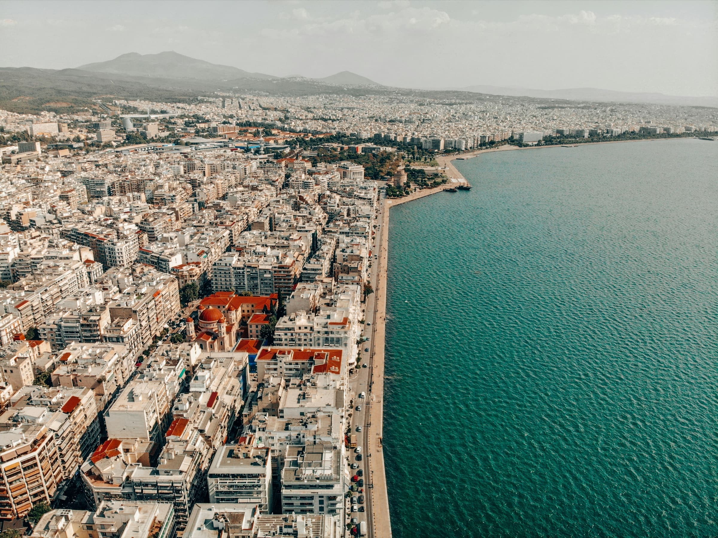 Thessaloniki and the Thermaic Gulf from above — the city spreading down to the sea