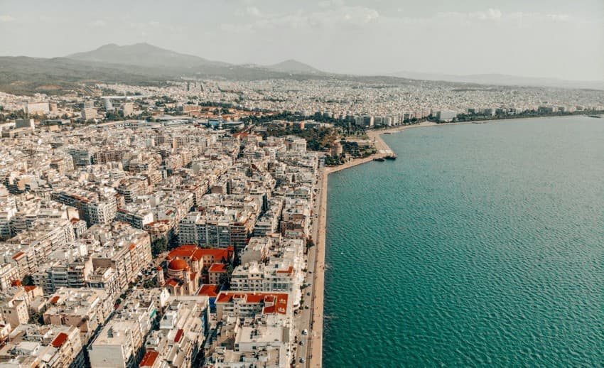 Aerial view of Thessaloniki where the city grid meets the gulf