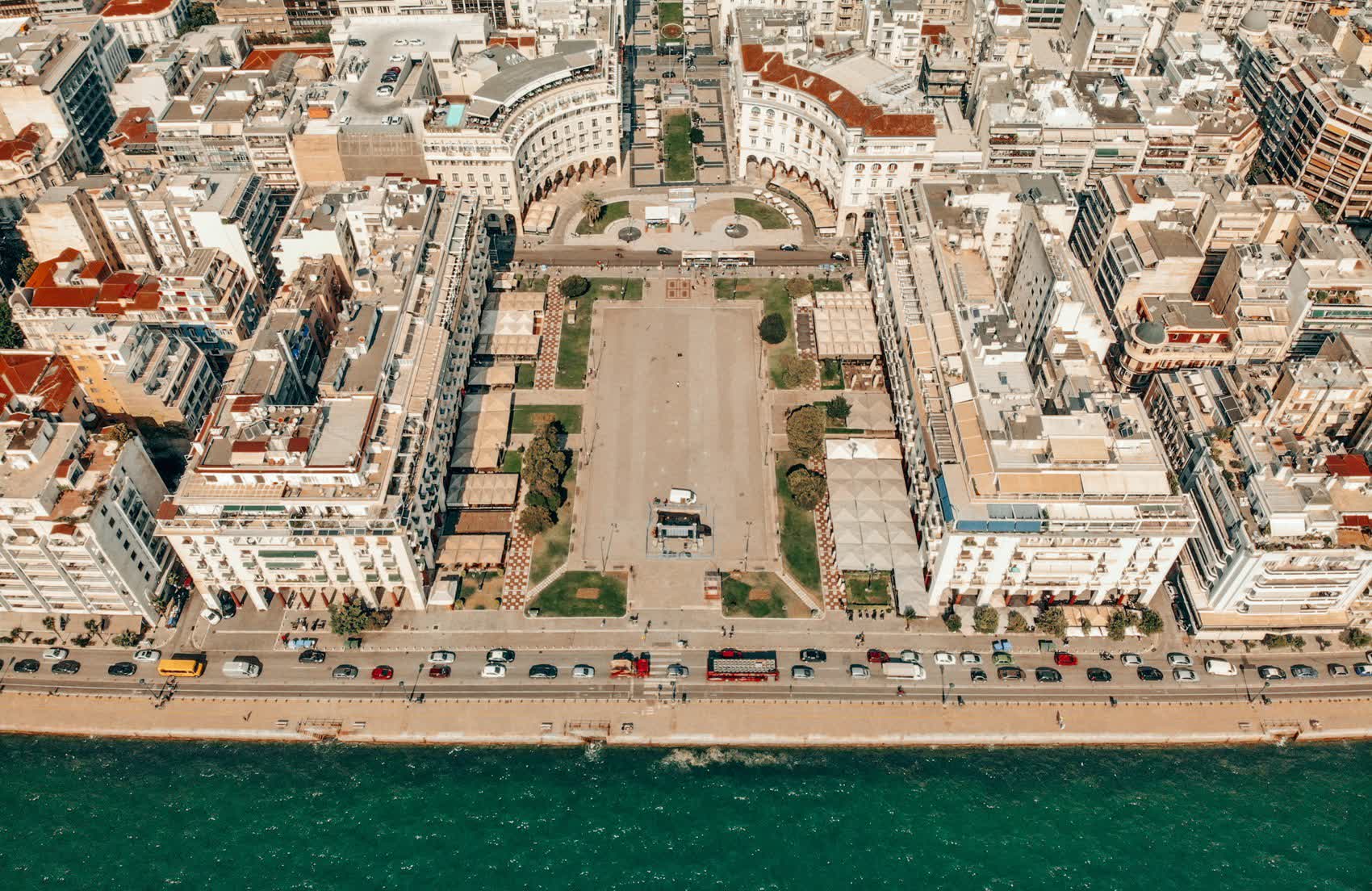 Aerial view along the Aristotelous axis toward the seafront